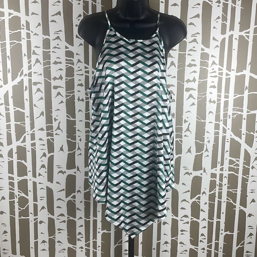 NEW Satin Geometric Print Handkerchief Hem High Neck Tank Top L